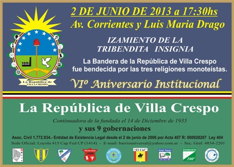 Invitacin al izamiento bandera de la Repblica de Villa Crespo.